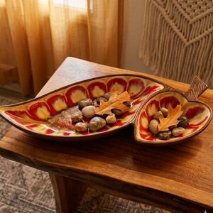 Treasure Craft Vintage 375 Leaf Chip Dip Tray MCM Orange Lava Glaze Serving Bowl